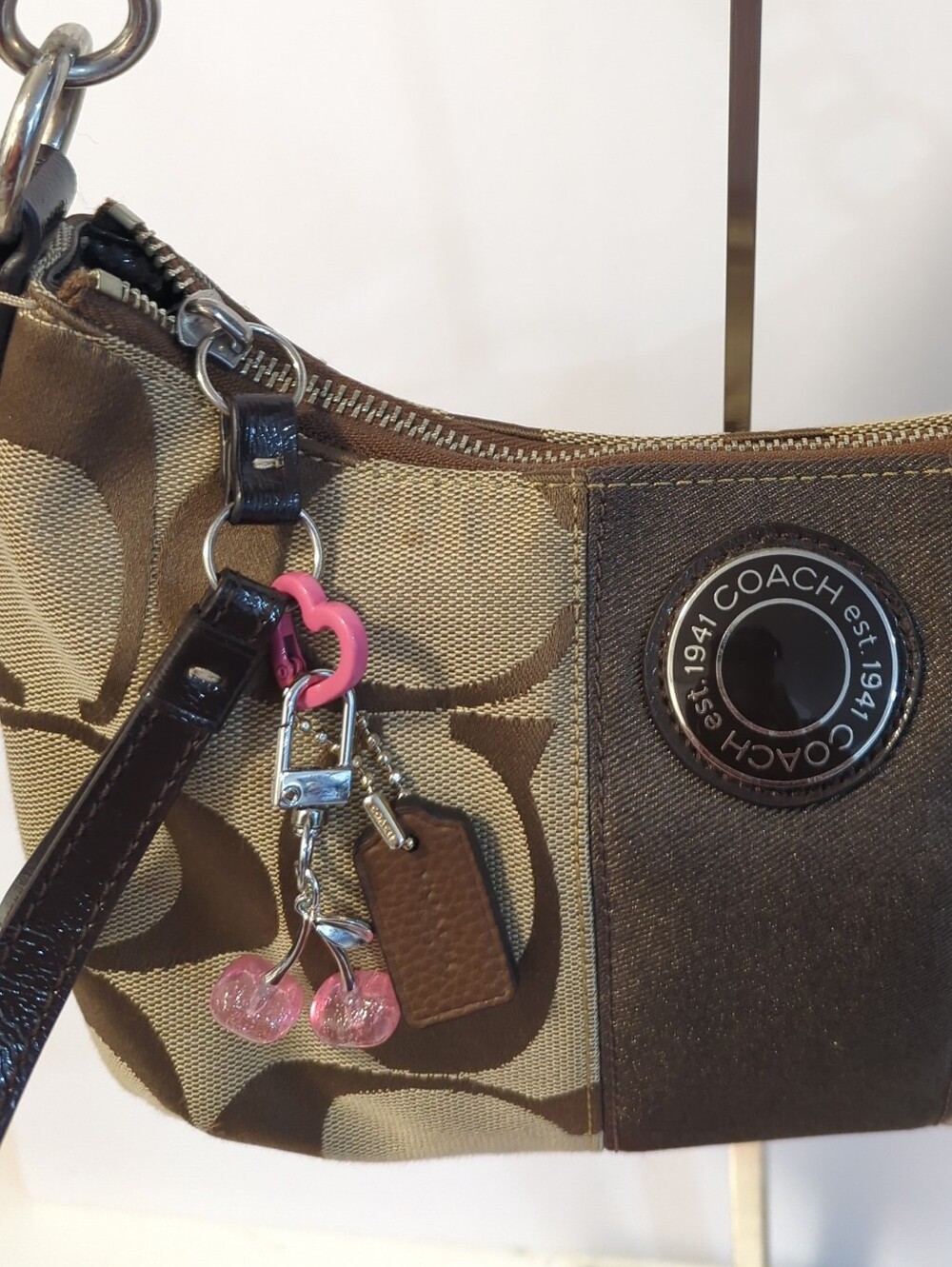 Coach Brown Leather Mini Hangtag Bag Charm With Unbranded Pink Heart + Cherry